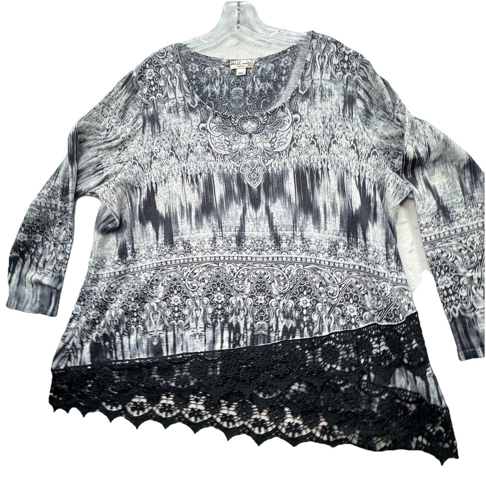 World Unity Womens Pullover Shirt Top Size 2X Crochet Lace Art To Wear Dark